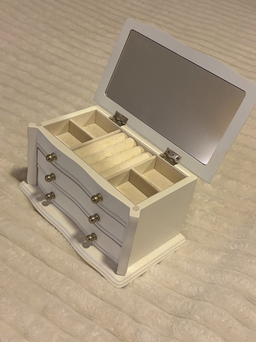 White Wooden Jewelry Box Mirror 3 Drawer Organizer Vintage Style